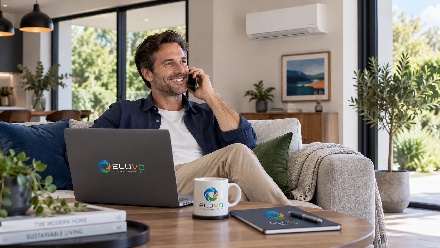 ELUVO customer contacting the home climate team from a modern home