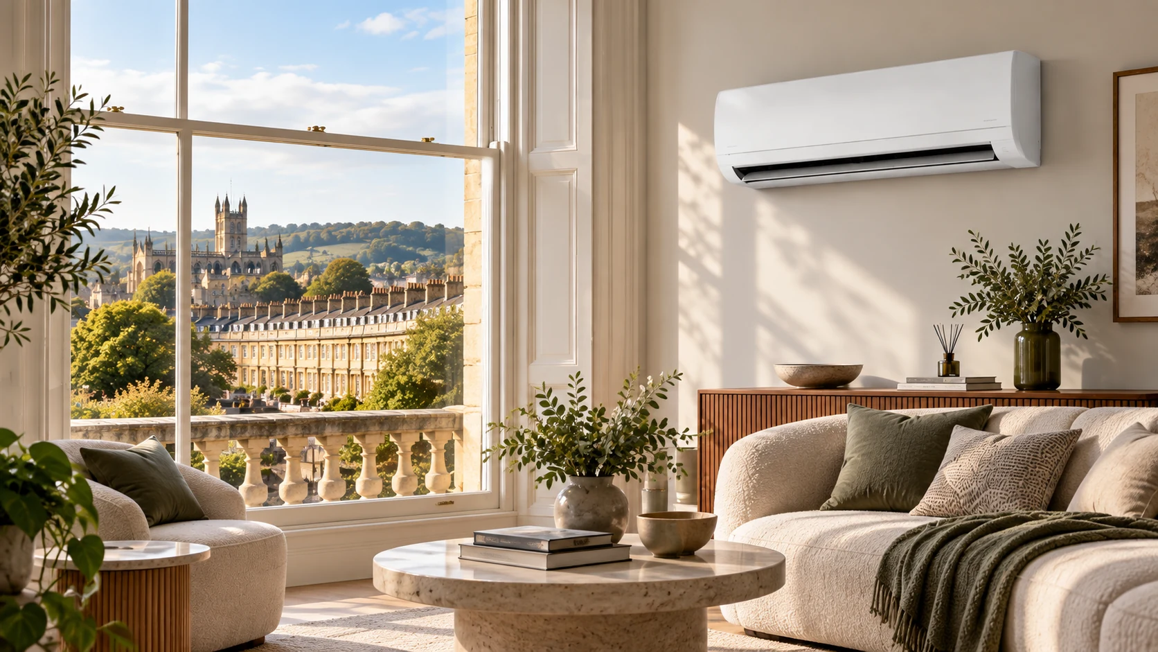 Wall-mounted air conditioner in a Bath home overlooking Georgian Bath stone terraces.