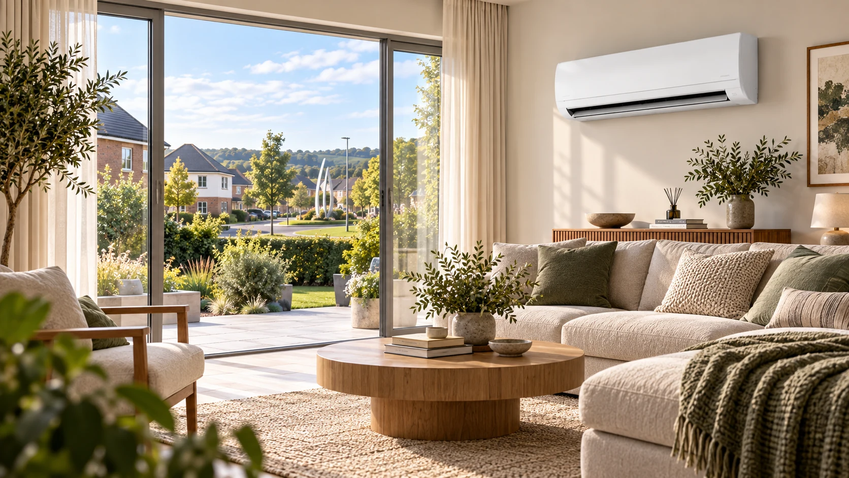 Wall-mounted air conditioner in a modern Bradley Stoke family home overlooking suburban housing.
