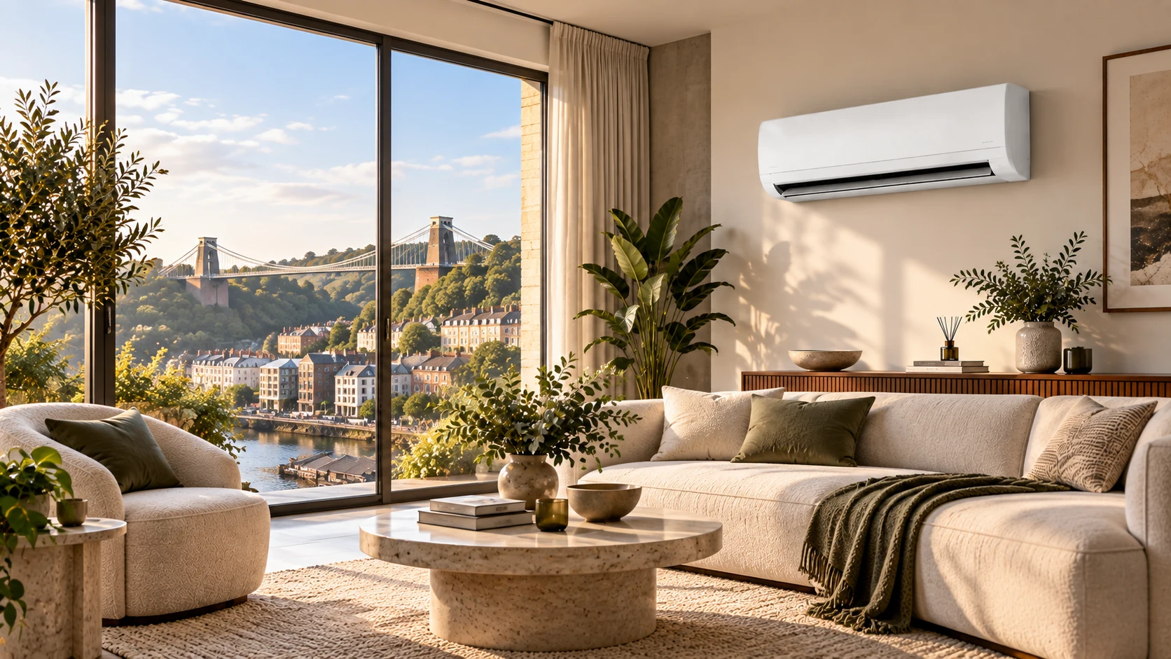 Wall-mounted air conditioner in a Bristol home overlooking the Clifton Suspension Bridge and city skyline.