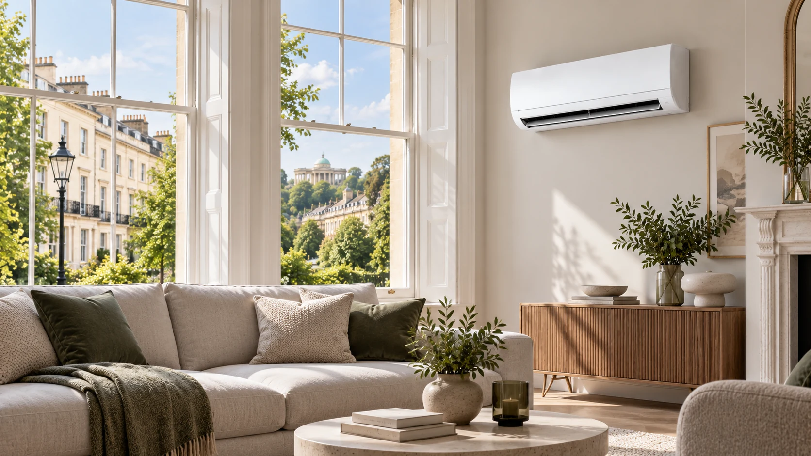 Wall-mounted air conditioner in a Cheltenham-inspired Regency living room with elegant historic architecture visible through tall sash windows.