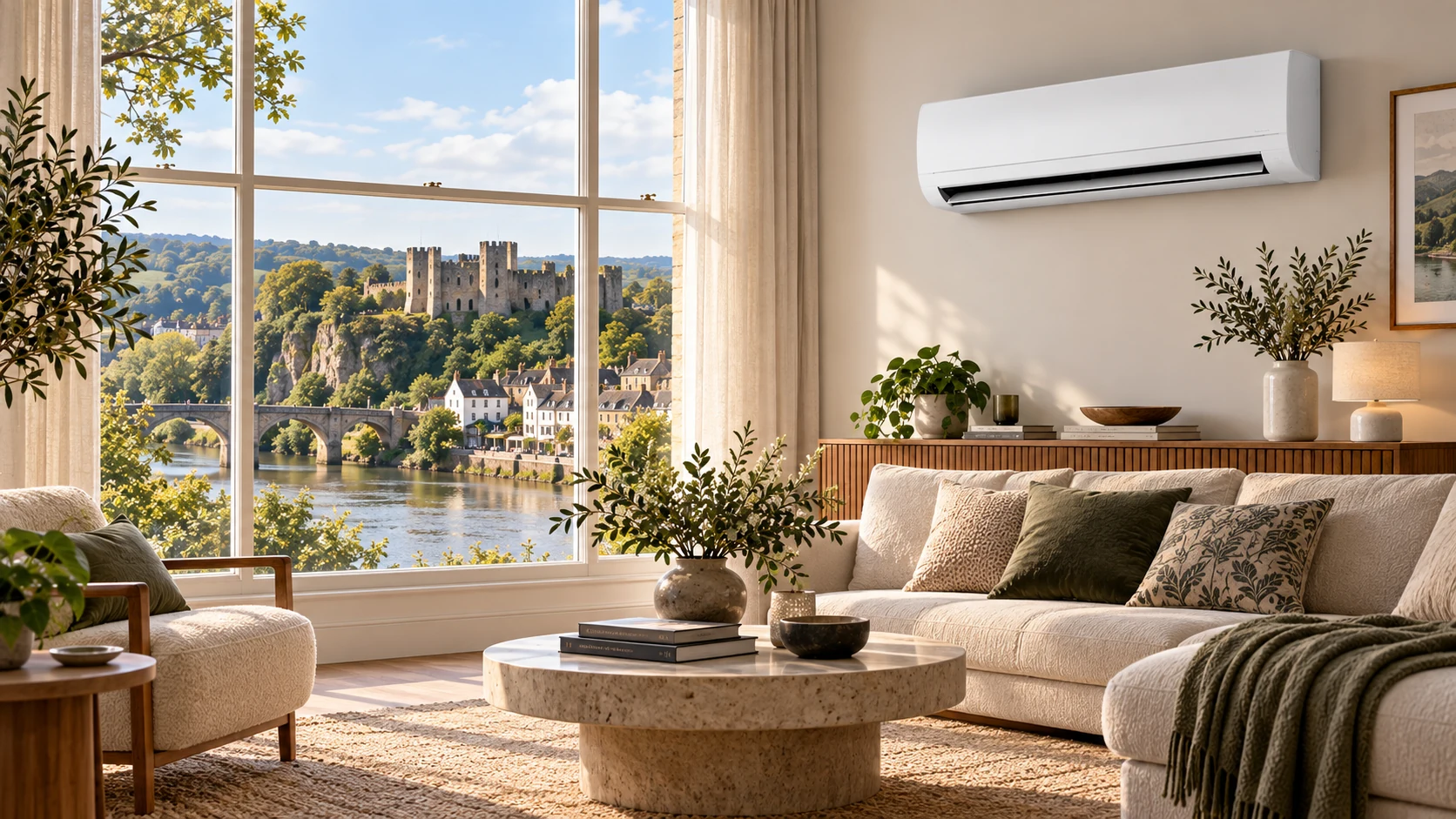 Wall-mounted air conditioner in a Chepstow home overlooking the river and Chepstow Castle.