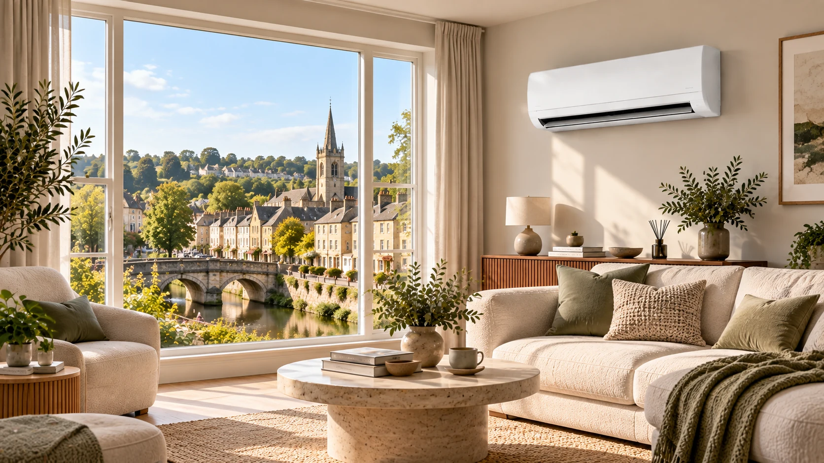 Wall-mounted air conditioner in a Chippenham home overlooking a historic Wiltshire townscape.