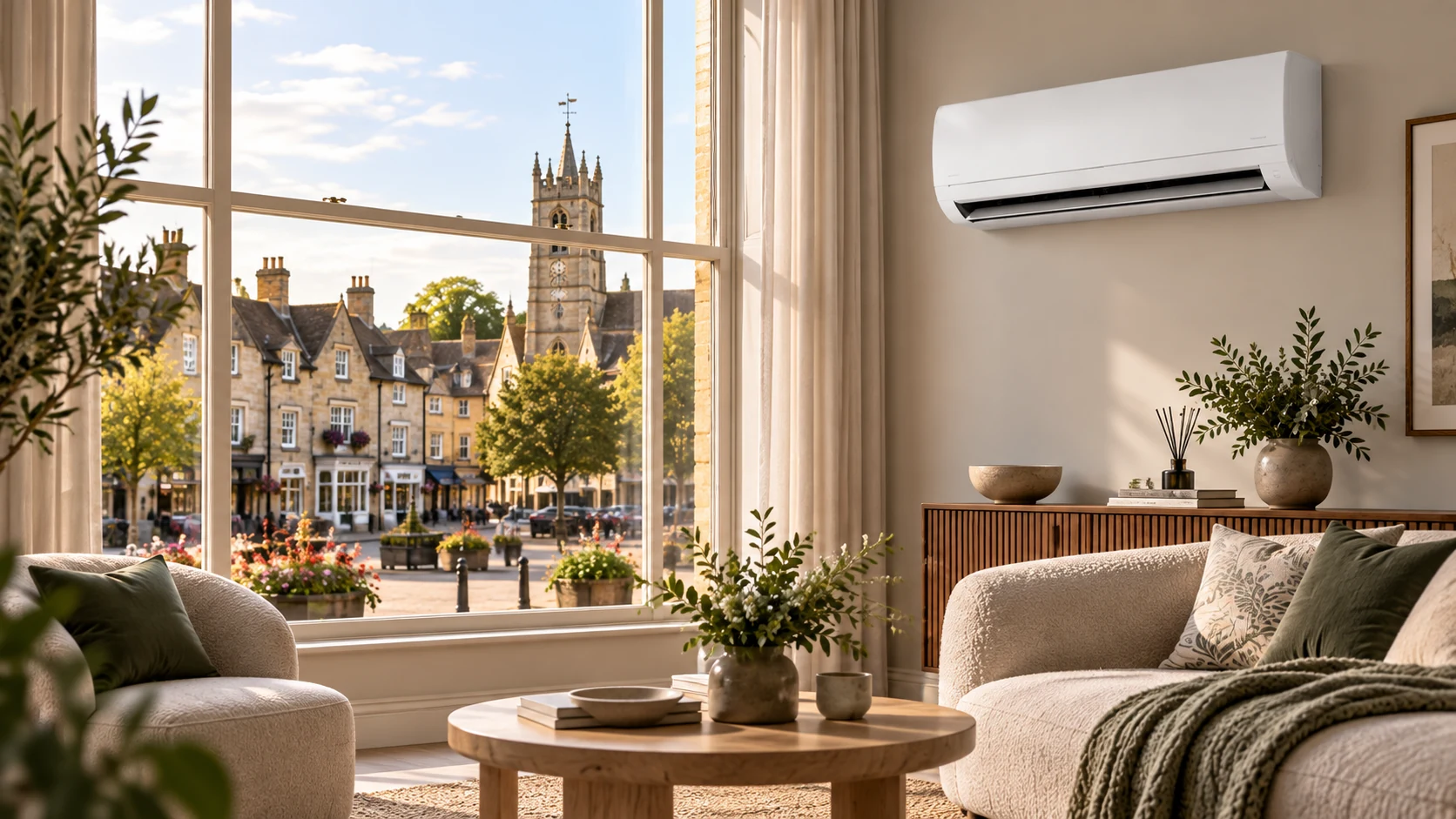 Wall-mounted air conditioner in a Chipping Sodbury home overlooking the historic market town.
