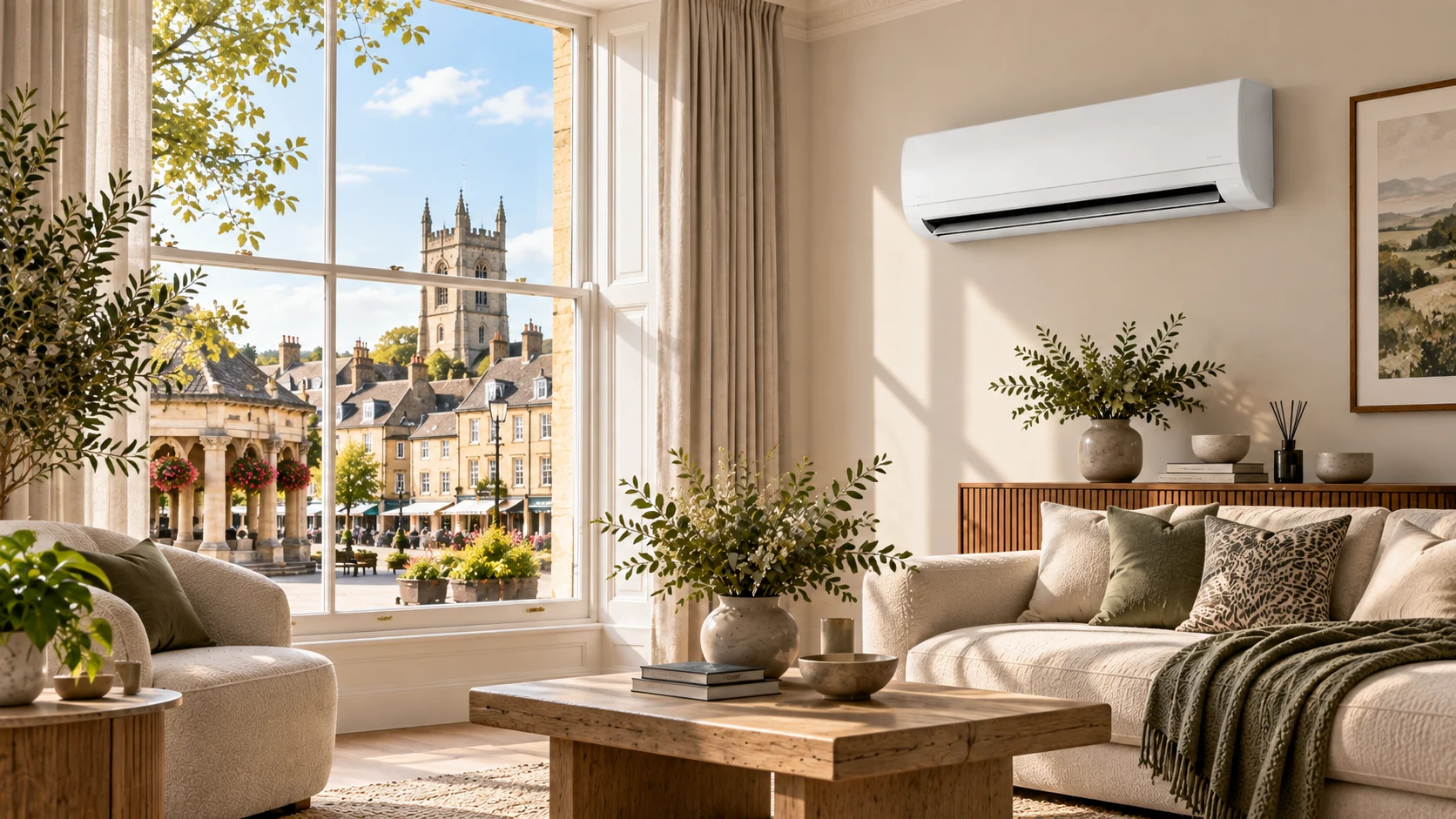 Wall-mounted air conditioner in a Cirencester home overlooking refined Cotswold stone architecture.
