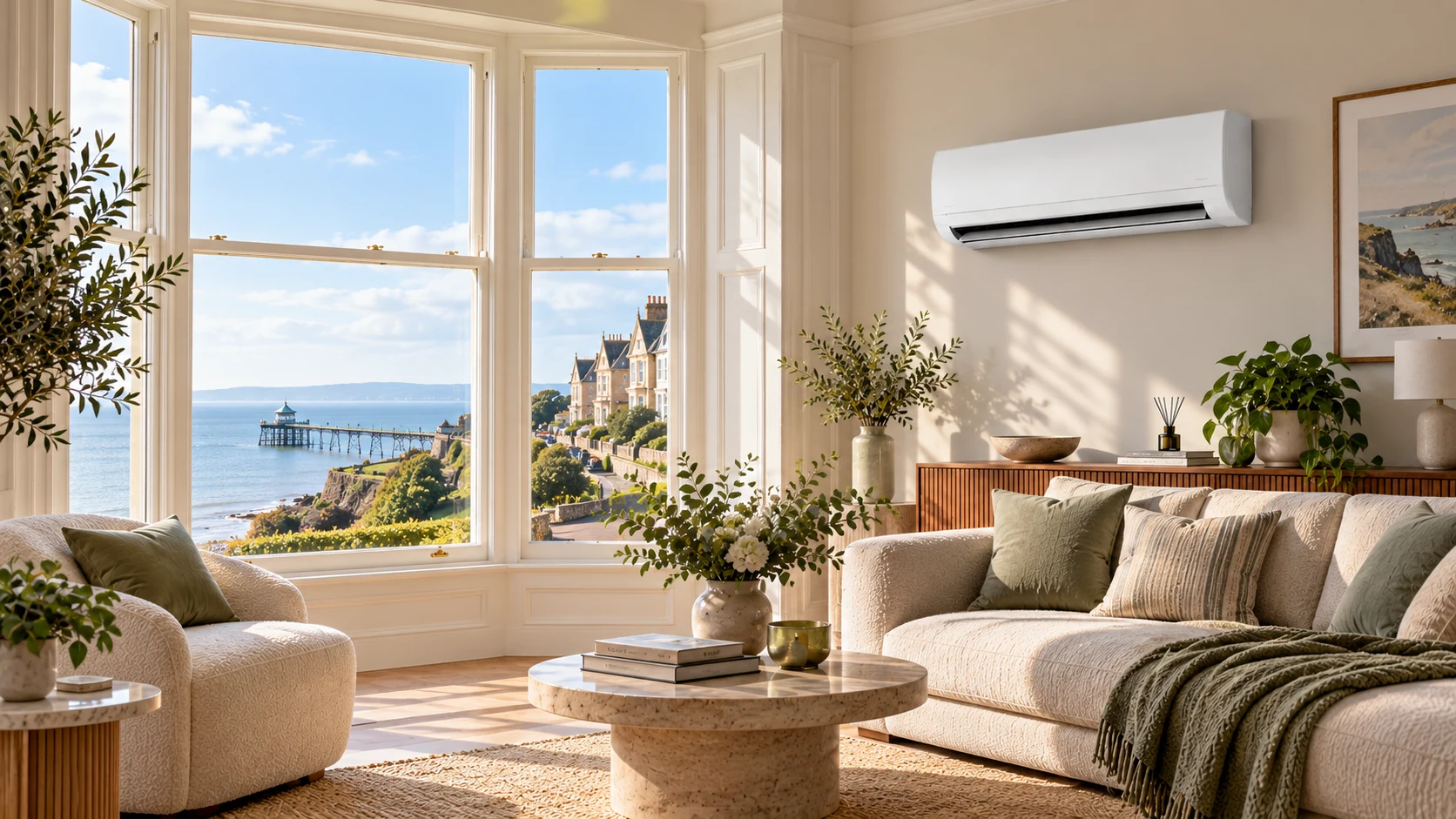 Wall-mounted air conditioner in a Clevedon seaside home overlooking the coast and Clevedon Pier.