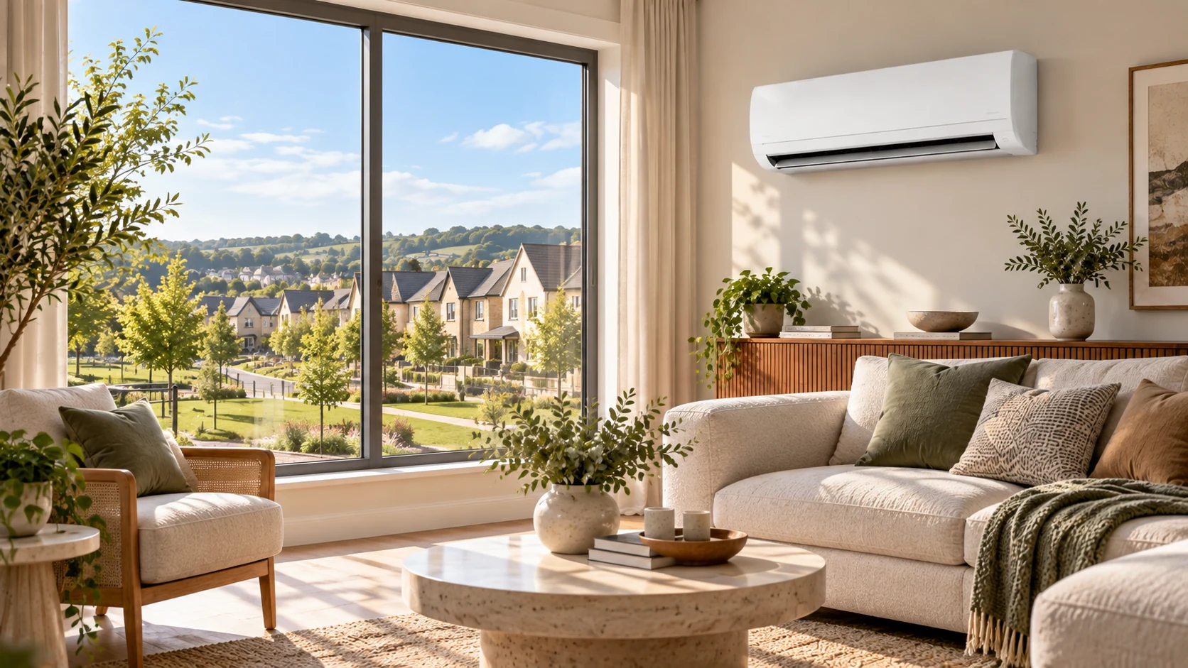 Wall-mounted air conditioner in an Emersons Green family home overlooking modern estate housing.