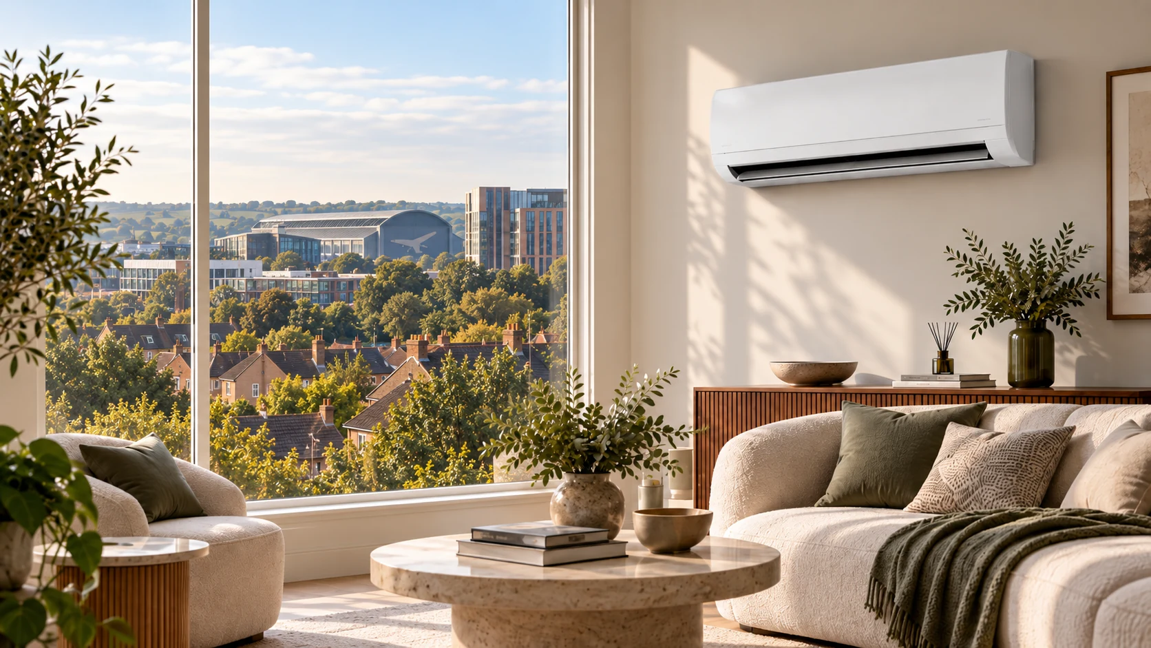 Wall-mounted air conditioner in a Filton home overlooking Brabazon-style development and Filton aerospace heritage.