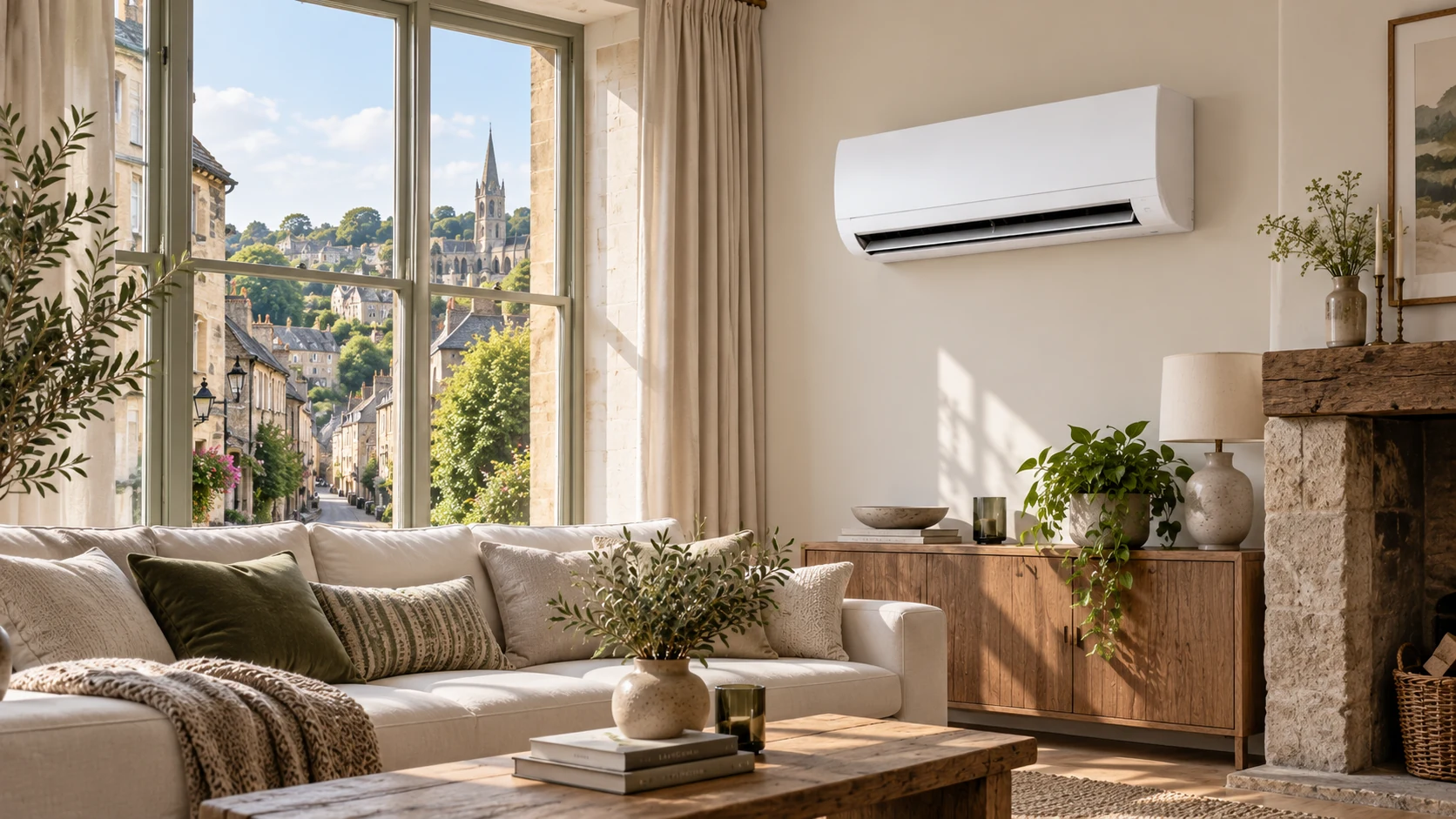 Wall-mounted air conditioner in a Frome-inspired living room overlooking a steep historic stone street and church spire.
