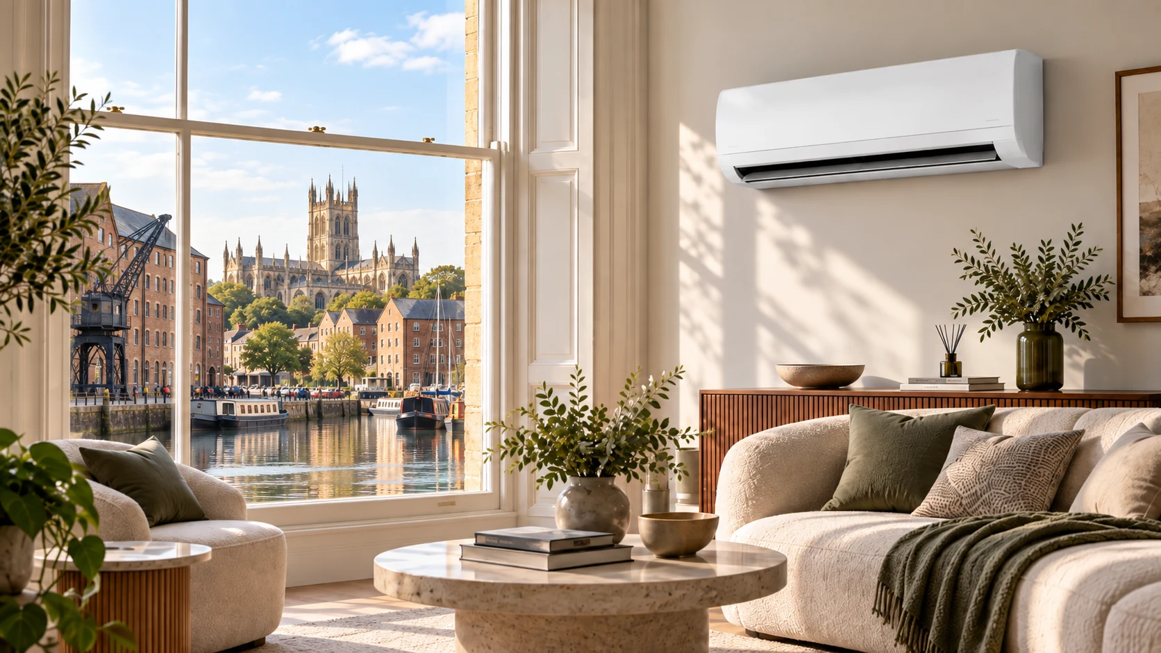 Wall-mounted air conditioner in a Gloucester home overlooking Gloucester Docks and Gloucester Cathedral.