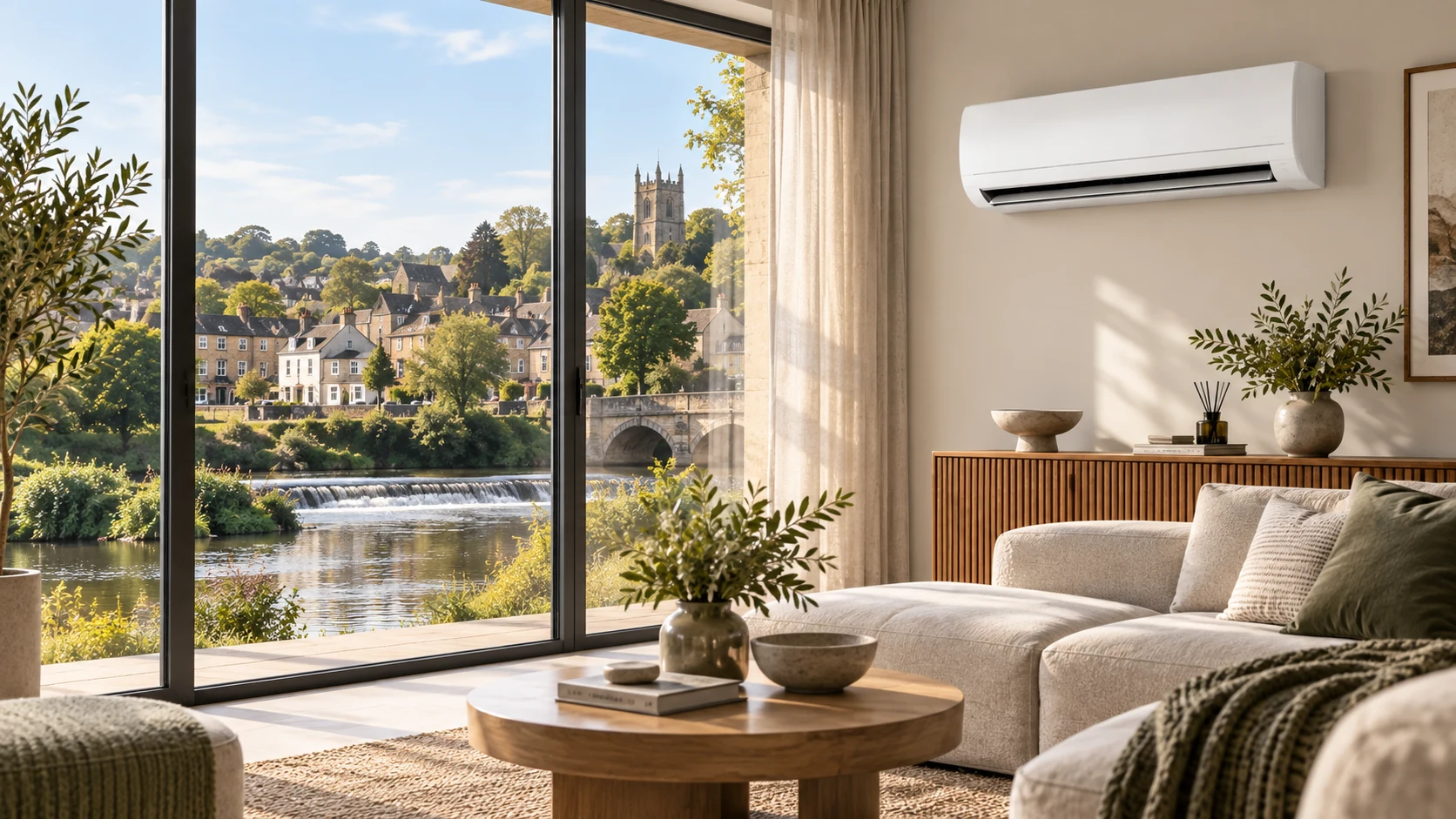Wall-mounted air conditioner in a Keynsham home overlooking a green riverside townscape.