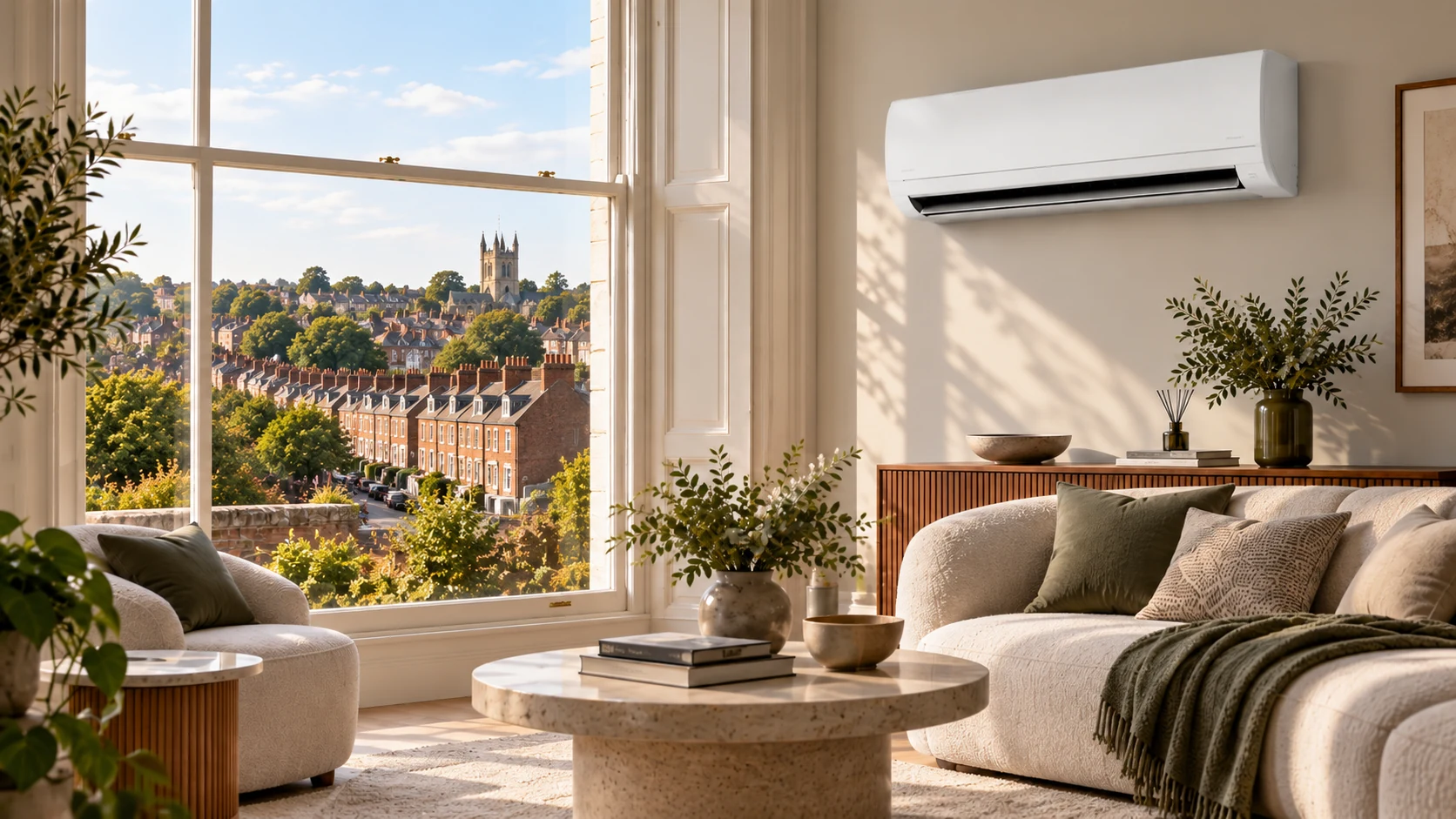 Wall-mounted air conditioner in a Kingswood home overlooking red-brick terraces and residential streets.