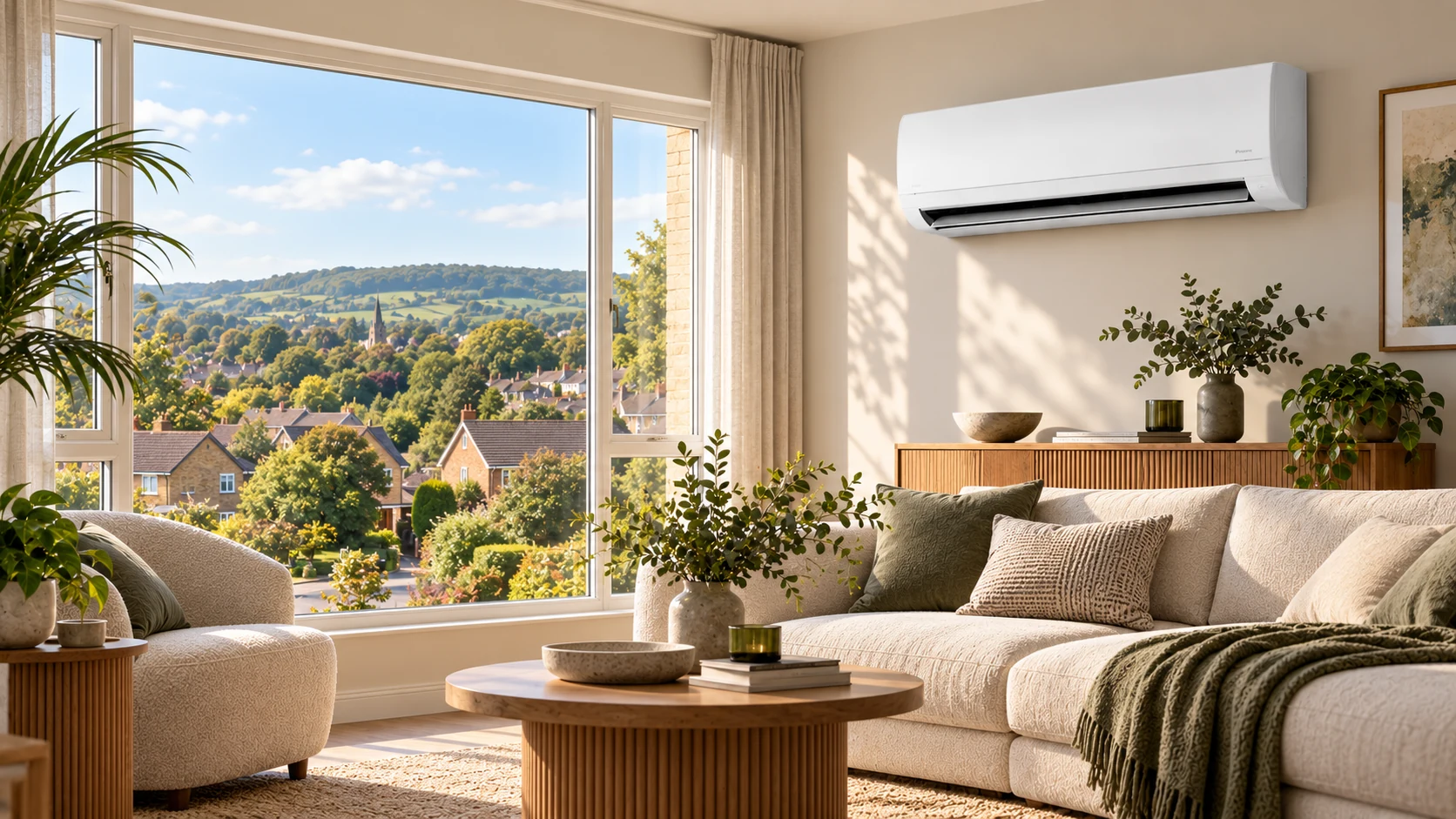 Wall-mounted air conditioner in a Nailsea family home overlooking leafy suburban surroundings.