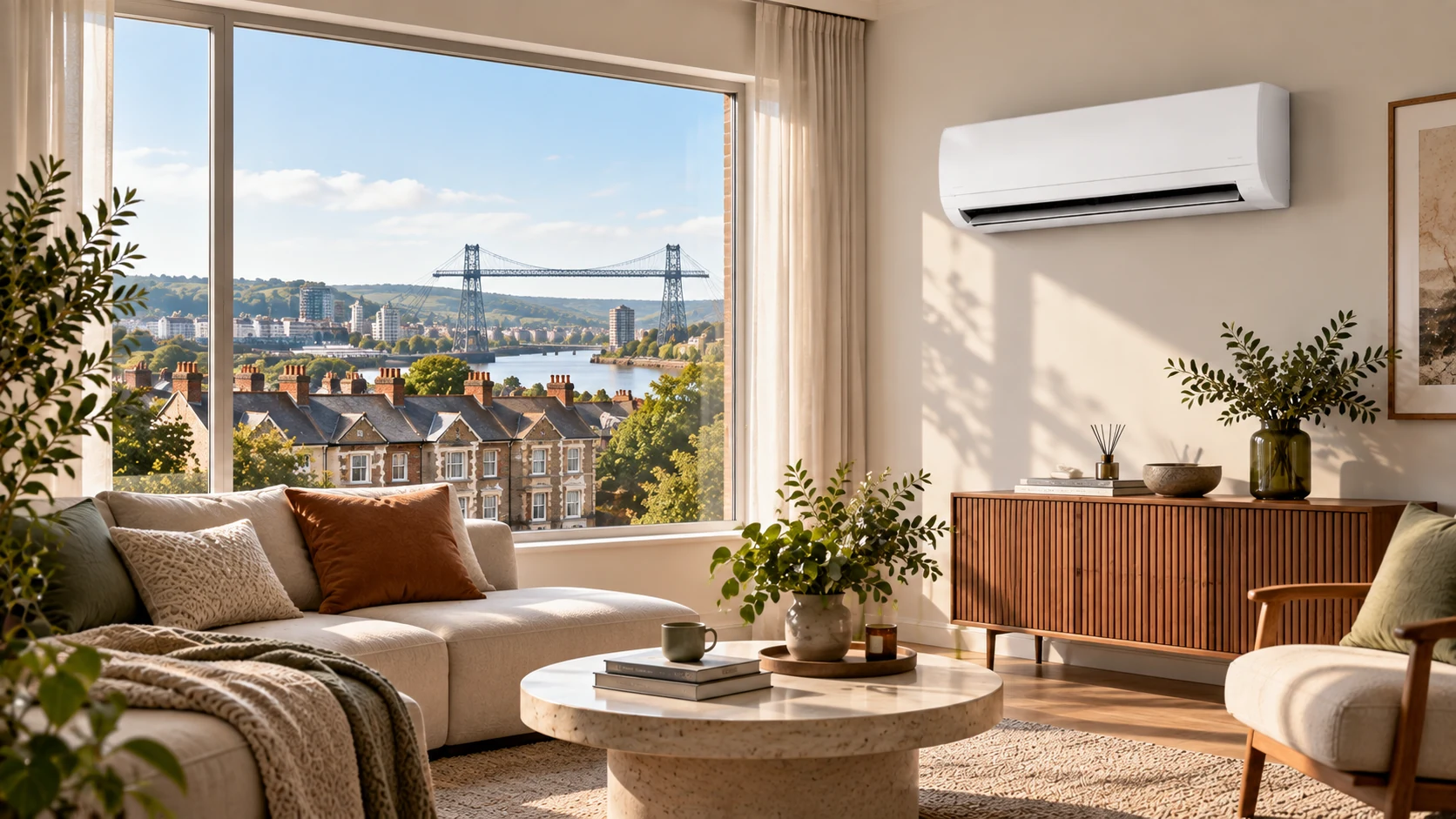 Wall-mounted air conditioner in a Newport home overlooking the River Usk and the Transporter Bridge.