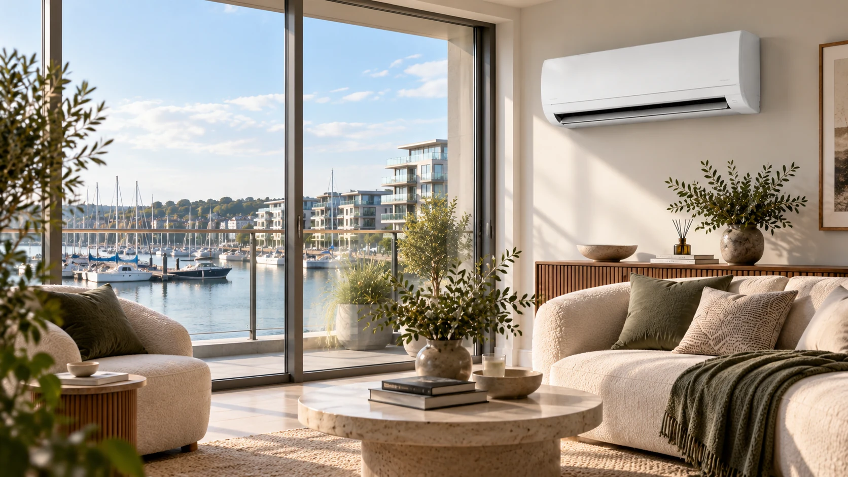 Wall-mounted air conditioner in a Portishead apartment overlooking the marina.