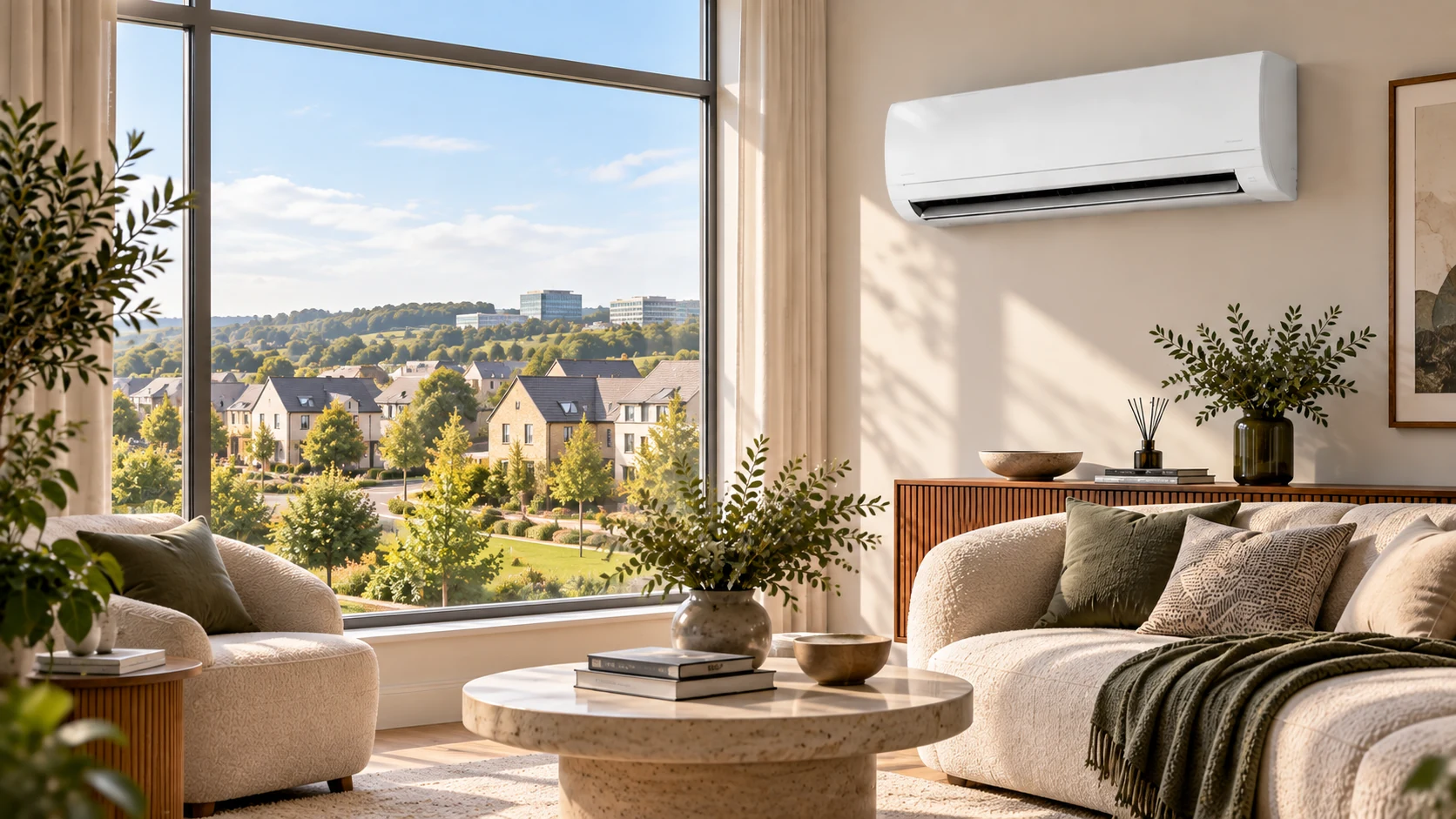 Wall-mounted air conditioner in a Stoke Gifford home overlooking modern residential neighbourhoods.