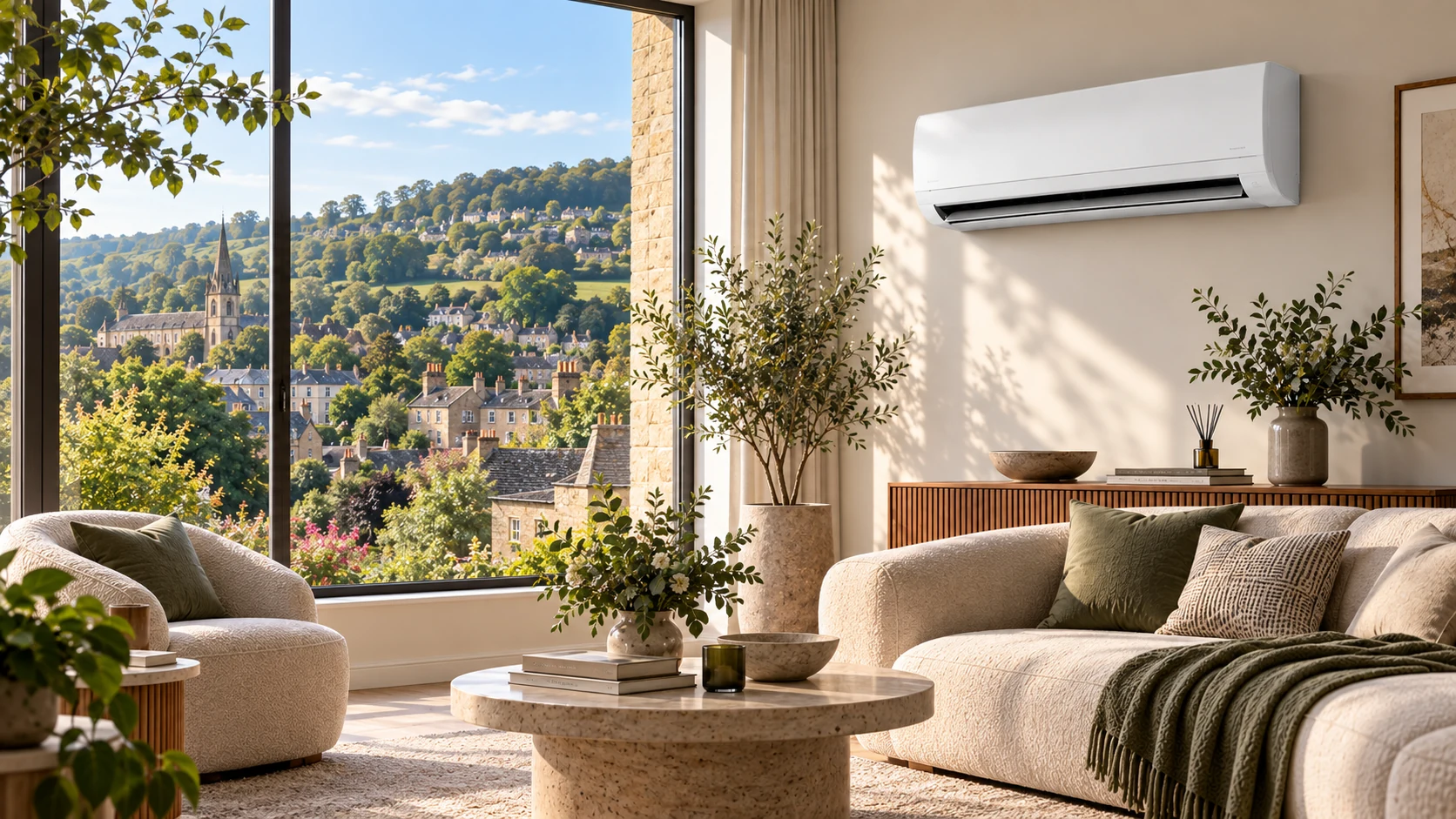 Wall-mounted air conditioner in a Stroud home overlooking hillside homes and green valleys.
