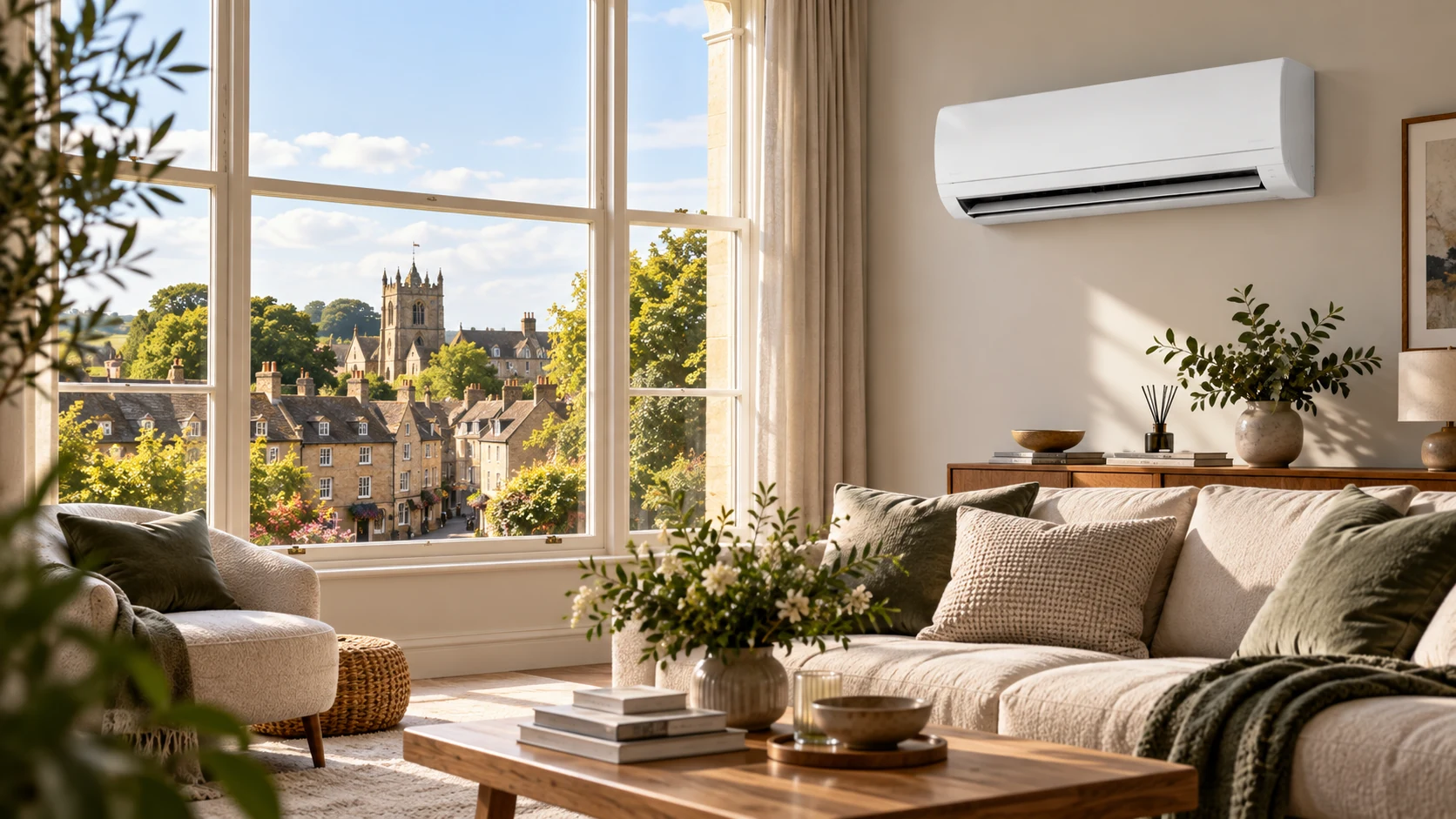 Wall-mounted air conditioner in a Thornbury home overlooking traditional market-town rooftops.