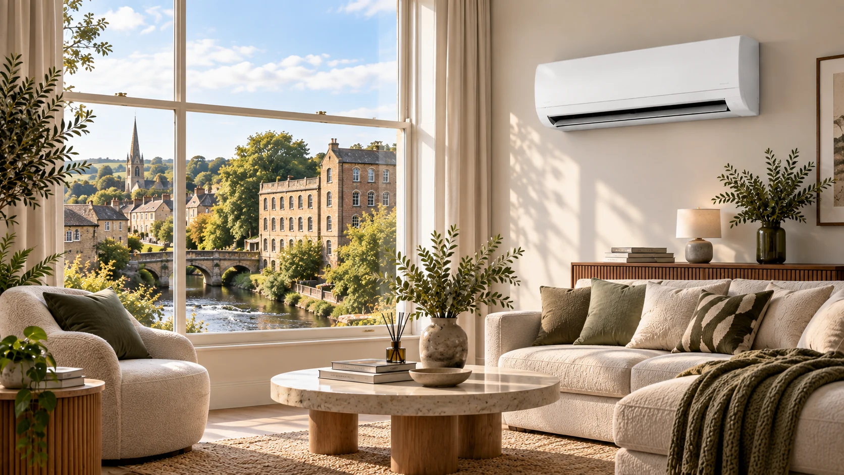 Wall-mounted air conditioner in a Trowbridge home overlooking a historic riverside townscape.