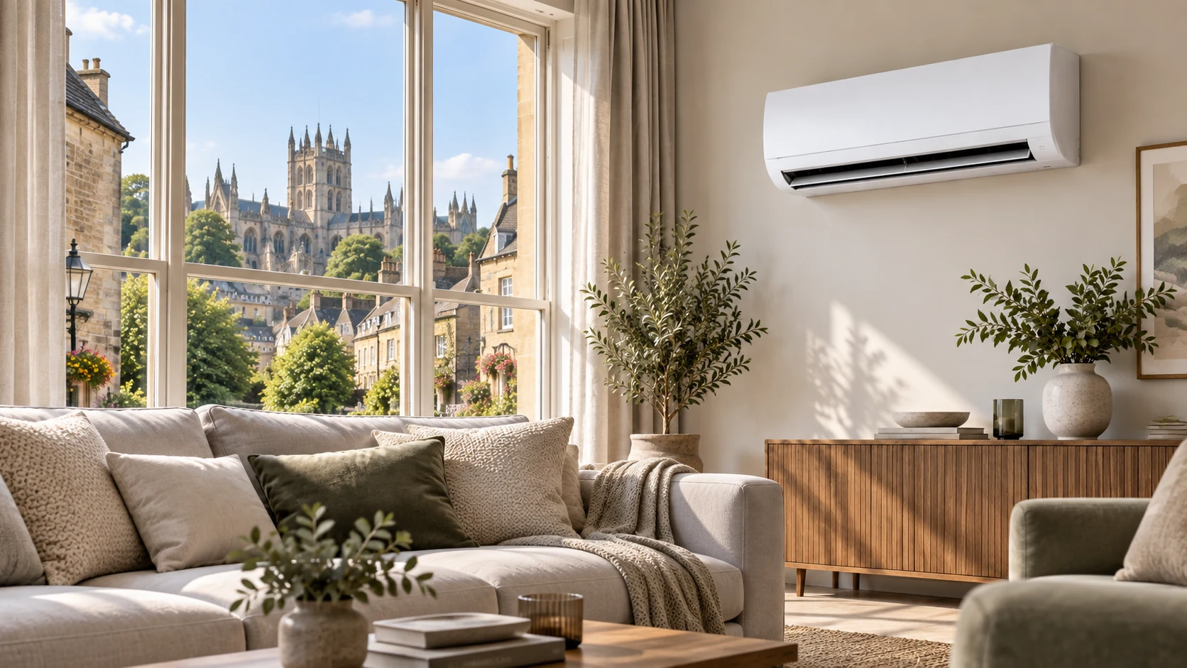 Wall-mounted air conditioner in a Wells, Somerset-inspired living room with historic stone streets and cathedral architecture in view.