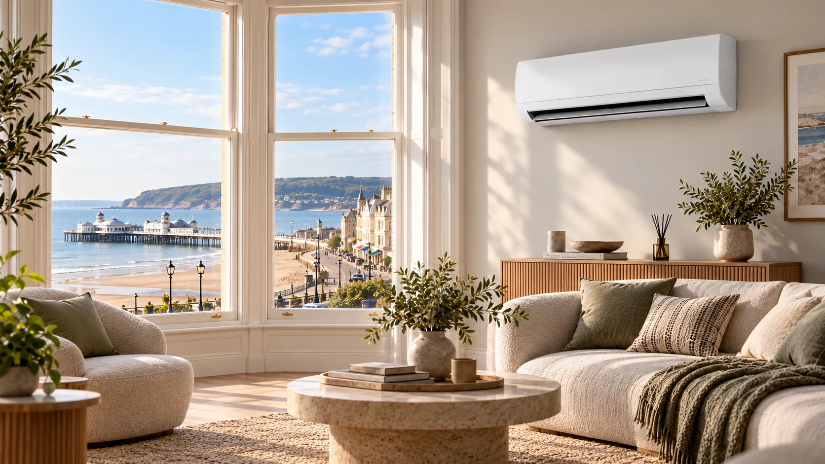 Wall-mounted air conditioner in a Weston-super-Mare coastal home overlooking the seafront.