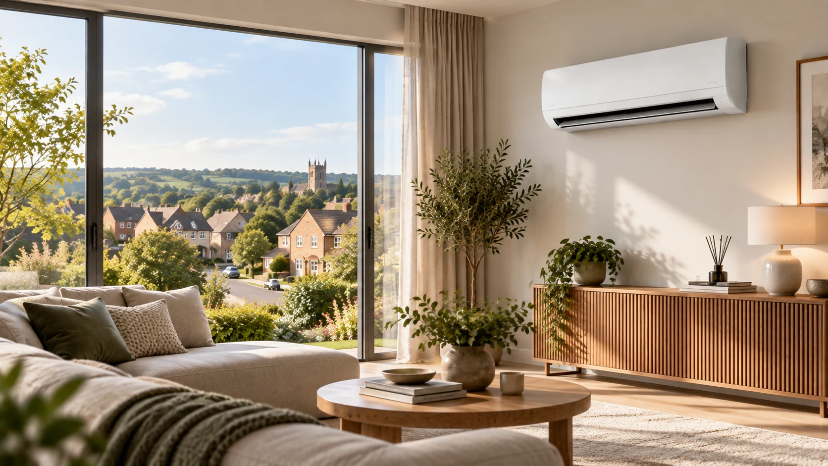 Wall-mounted air conditioner in a modern Yate home overlooking suburban South Gloucestershire housing.
