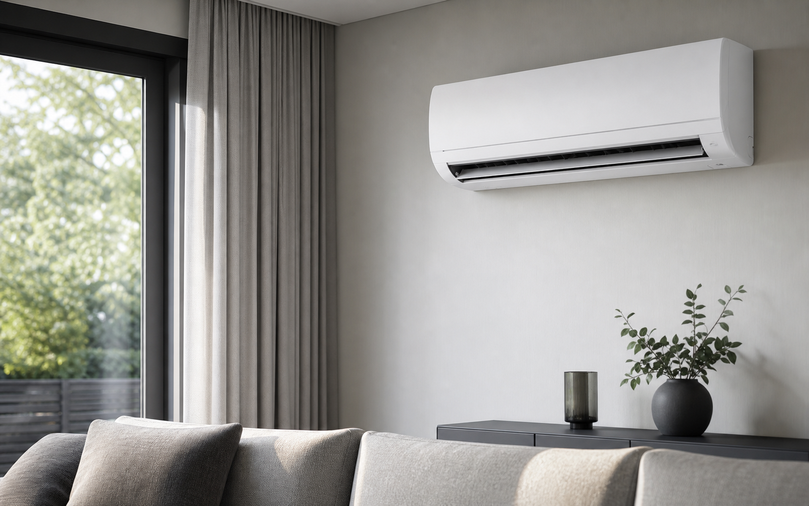 Modern air conditioning installed in a calm living room
