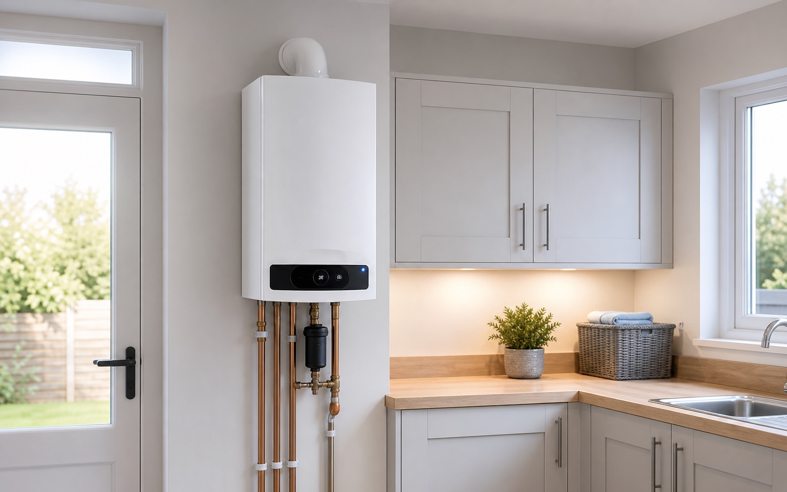 Modern boiler installed in a bright UK home
