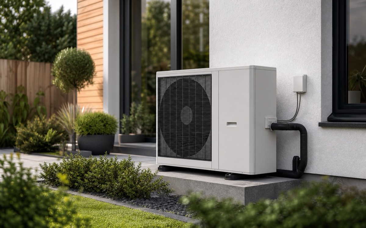 Air source heat pump installed beside a modern home