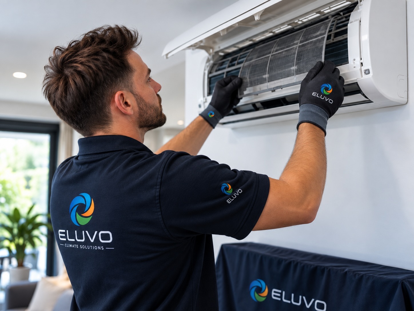 Professional inspection of a wall-mounted air conditioning indoor unit