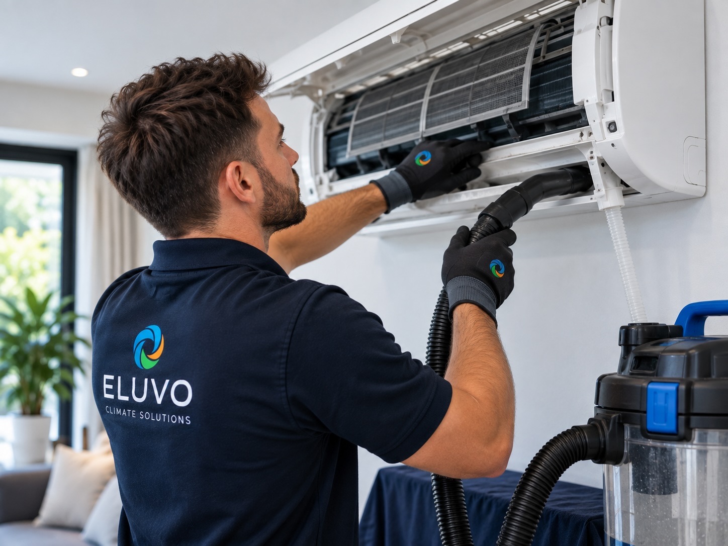 Professional condensate drain cleaning during air conditioning servicing