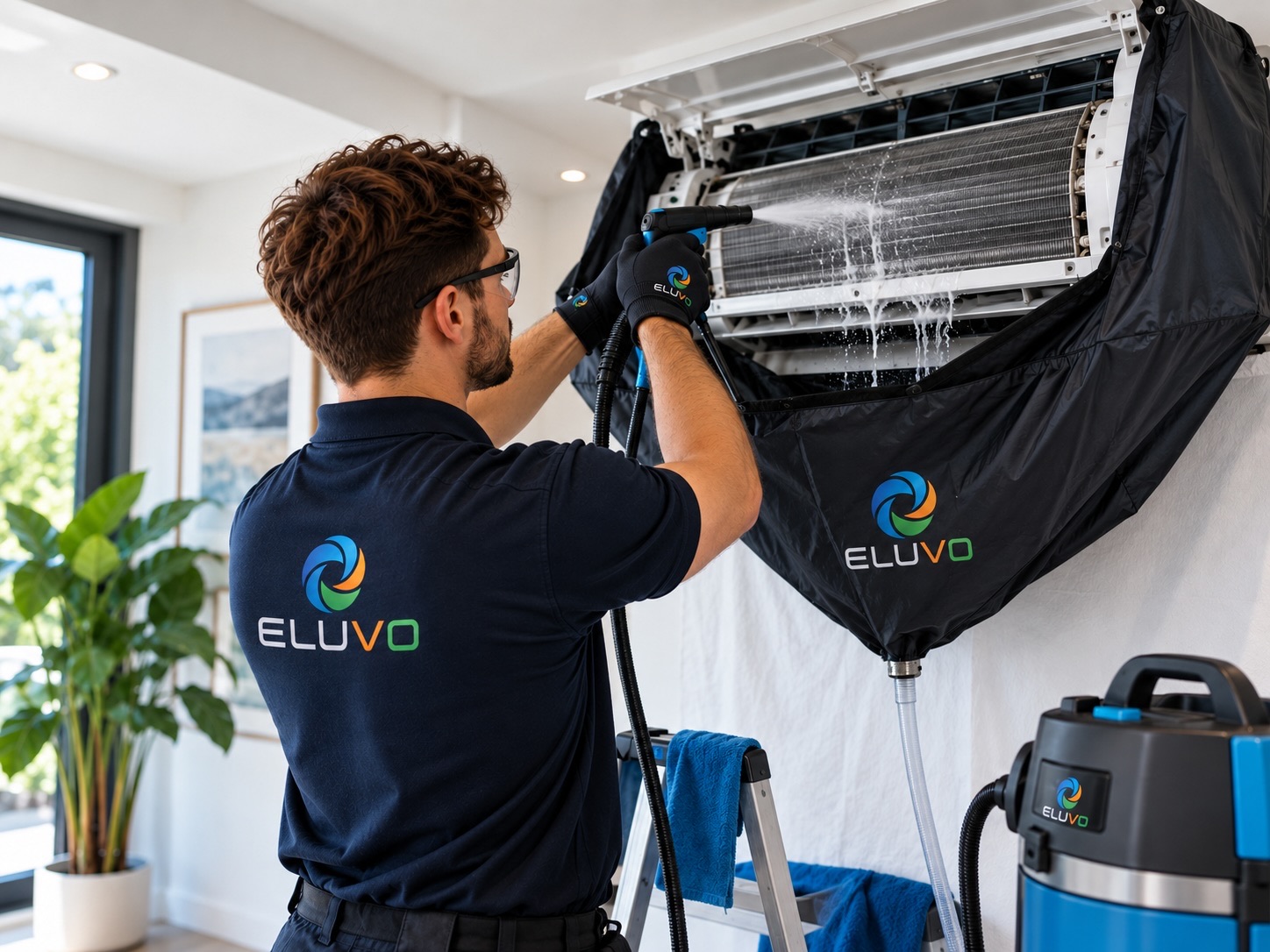 Deep cleaning of a wall-mounted air conditioning system using a protective wash bag