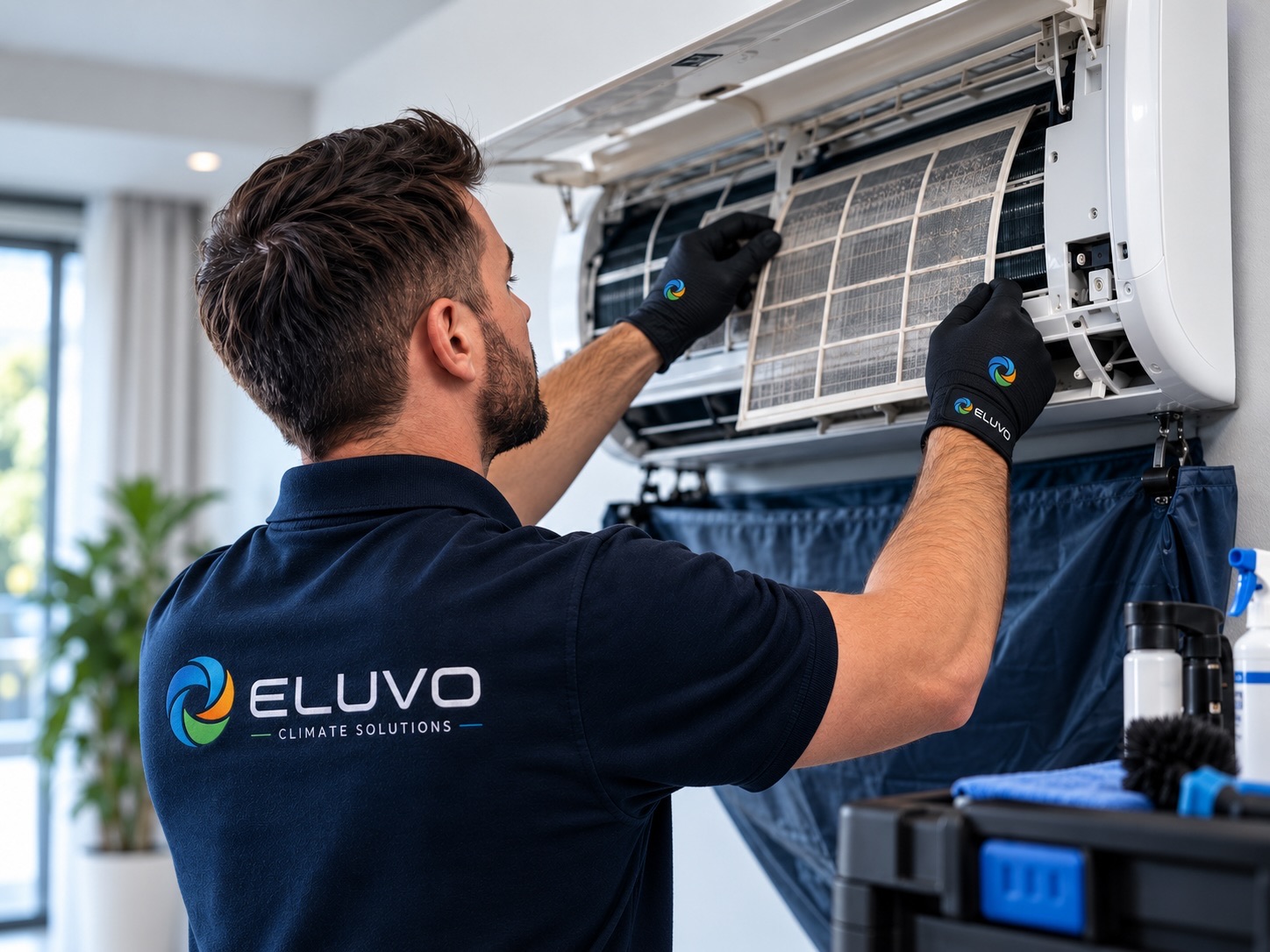 Air conditioning filters being professionally inspected and cleaned