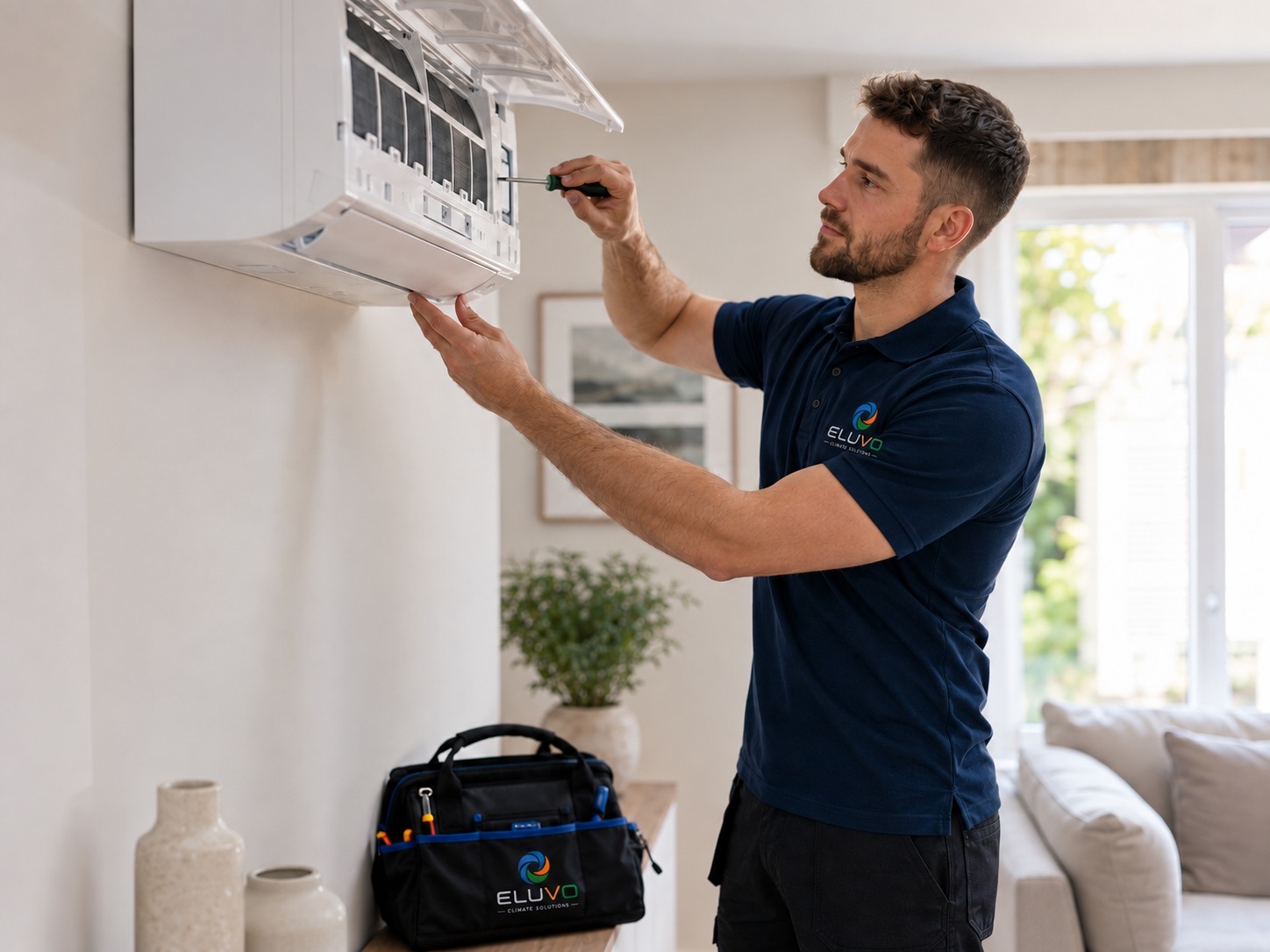 Professionally maintained wall-mounted air conditioning system in a modern home